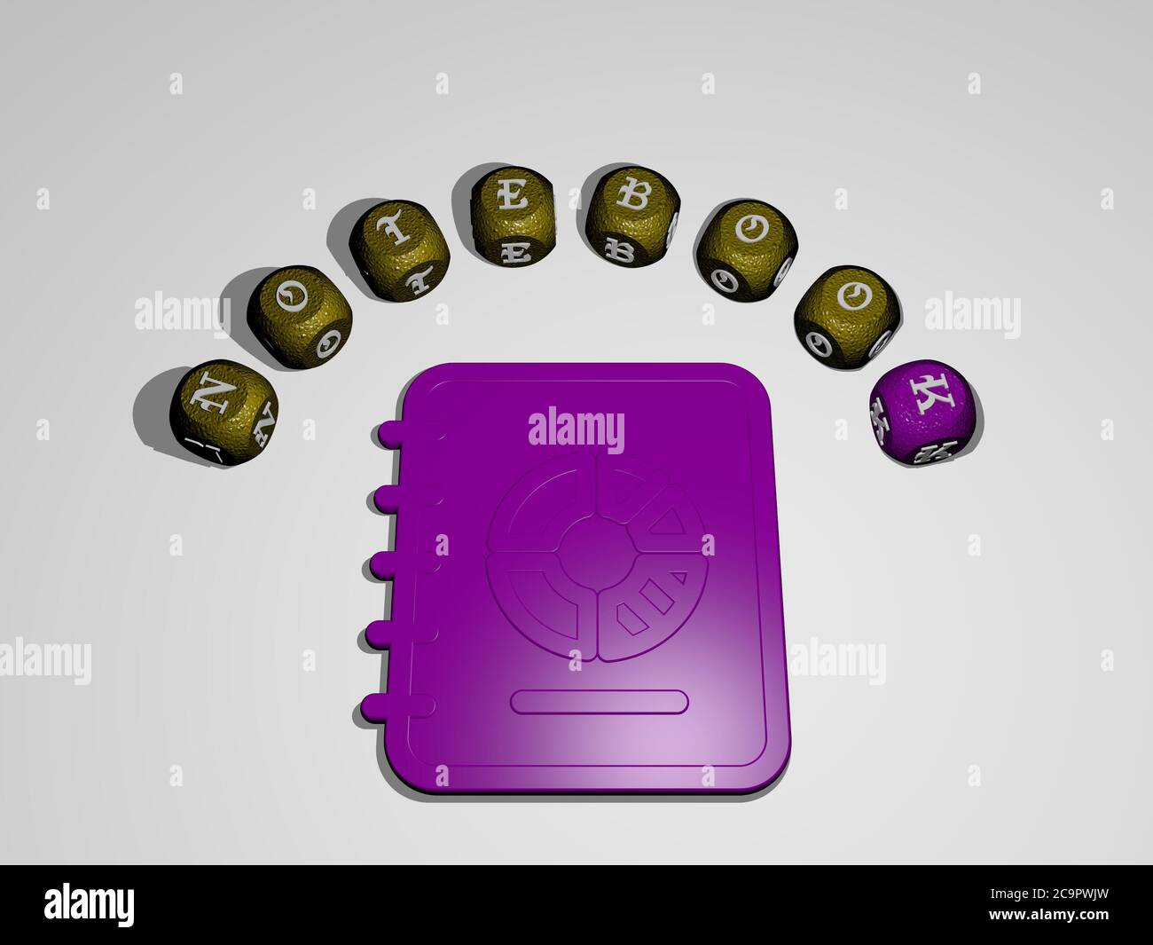 3D-Grafik-Bild von Notebook vertikal zusammen mit Text um das Symbol von metallischen kubischen Buchstaben aus der oberen Perspektive gebaut, ausgezeichnet für das Konzept Präsentation und Diashows. Hintergrund Stockfoto