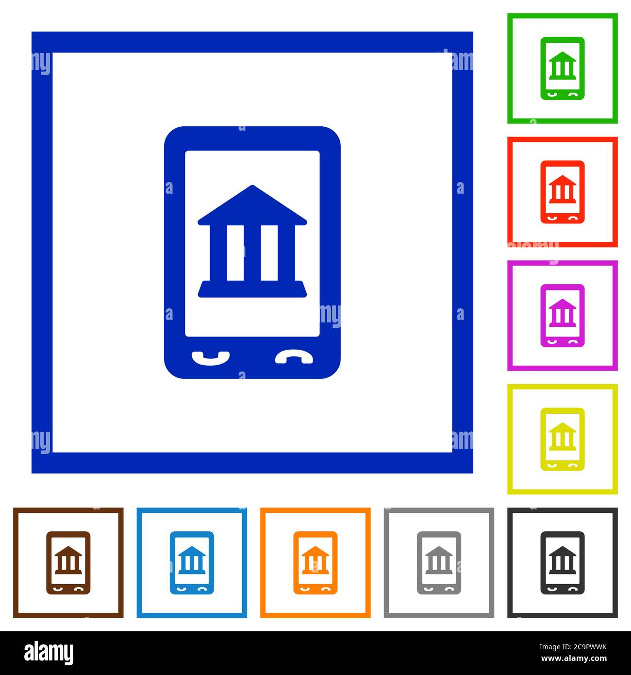 Mobile Banking flache Farbsymbole in quadratischen Rahmen auf weißem Hintergrund Stock Vektor