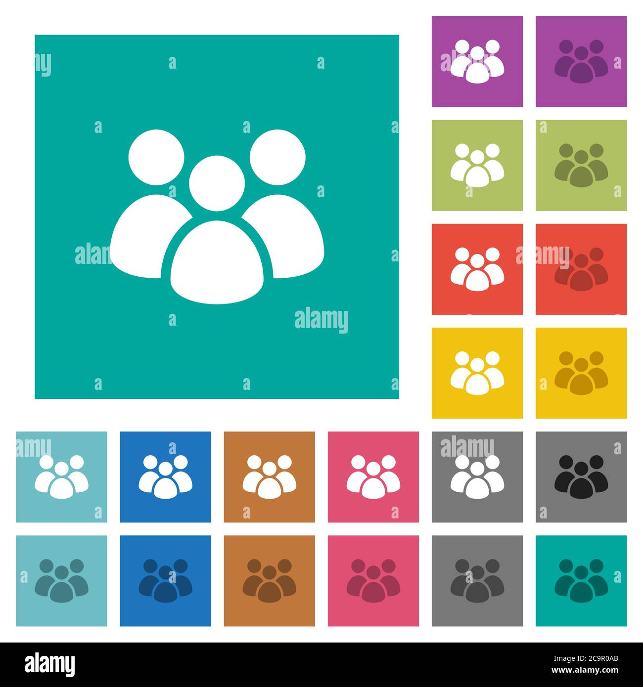 Mehrfarbige flache Symbole auf schlichten quadratischen Hintergründen. Weiße und dunklere Symbolvarianten für schwebe- oder aktive Effekte. Stock Vektor