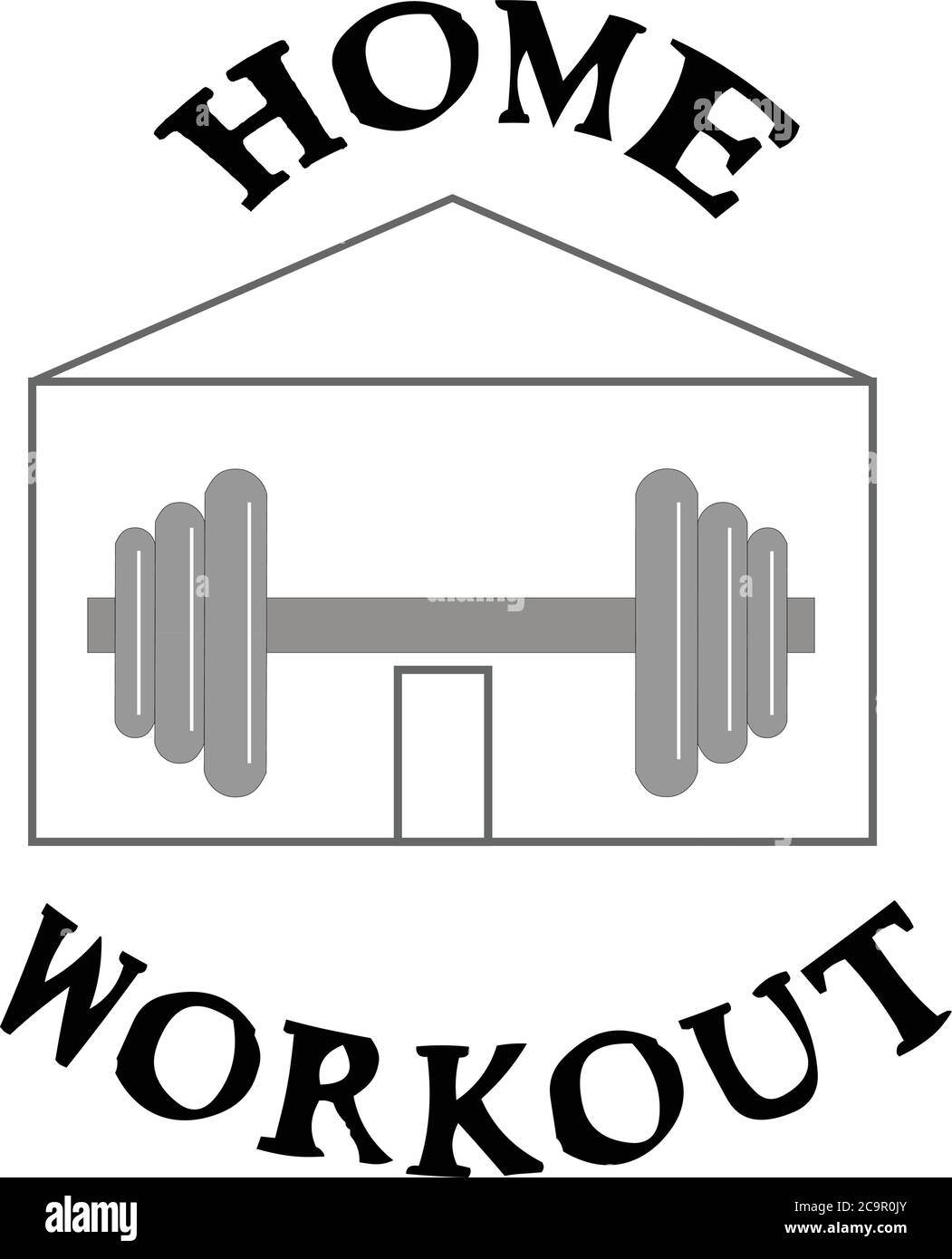 Stilisierte Hantel und Haus mit Home Workout Schrift auf weißem Hintergrund. Stock Vektor