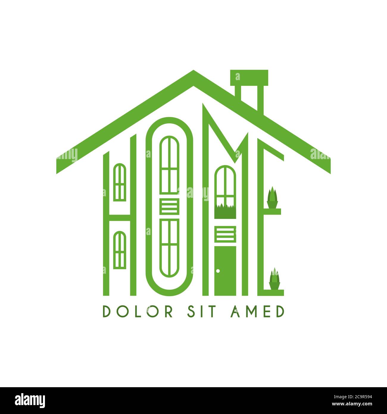 Logo Home Bleiben Sie komfortabel, gemütlich und umweltfreundlich. Logo grünes Haus mit vielen Fenstern. Stock Vektor