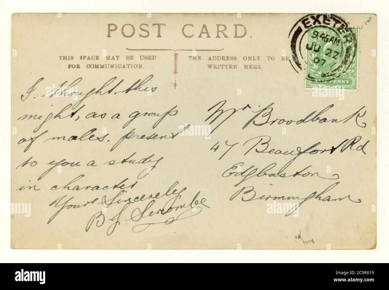 Umkehrbuchung der Postkarte von Anfang des 19. Jahrhunderts, (grüner, halber Penny King Edward VII Stempel), gepostet von Exeter in Devon, Juni 1907, Großbritannien Stockfoto