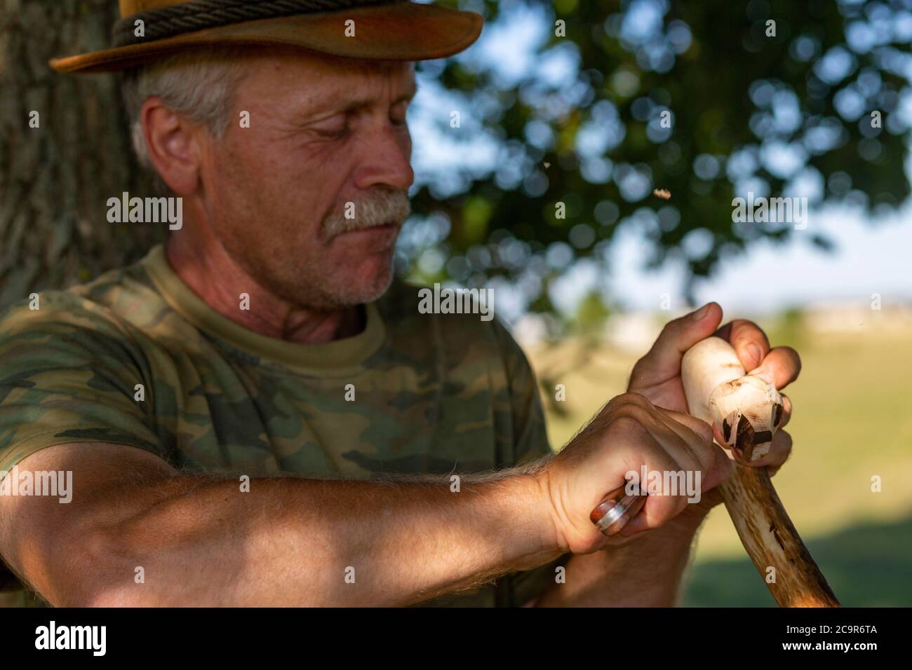 Der ungarische Hirte schnitzt seinen Hirtenstab Stockfoto