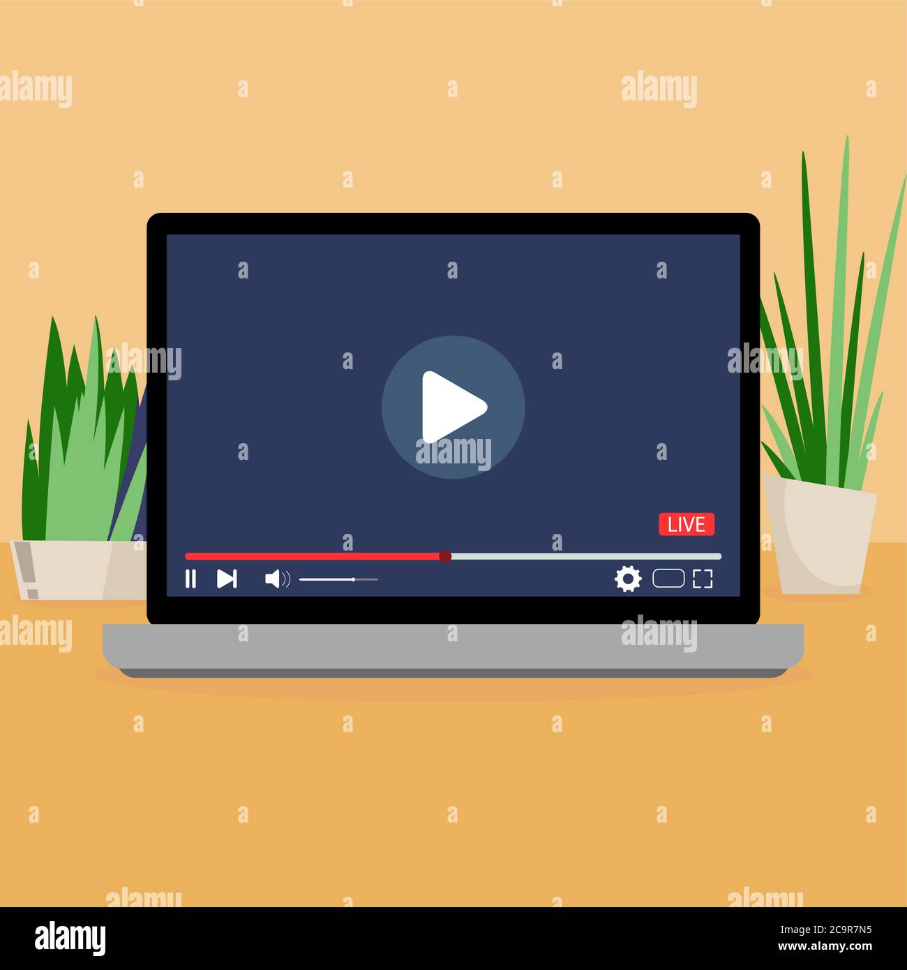 Schnittstelle Video-Player Laptop, Video-Userface mit Taste, Navigation Internet online, Vektor-Cartoon-Film-Bildschirm mit Play-Taste, Illustration weich Stock Vektor