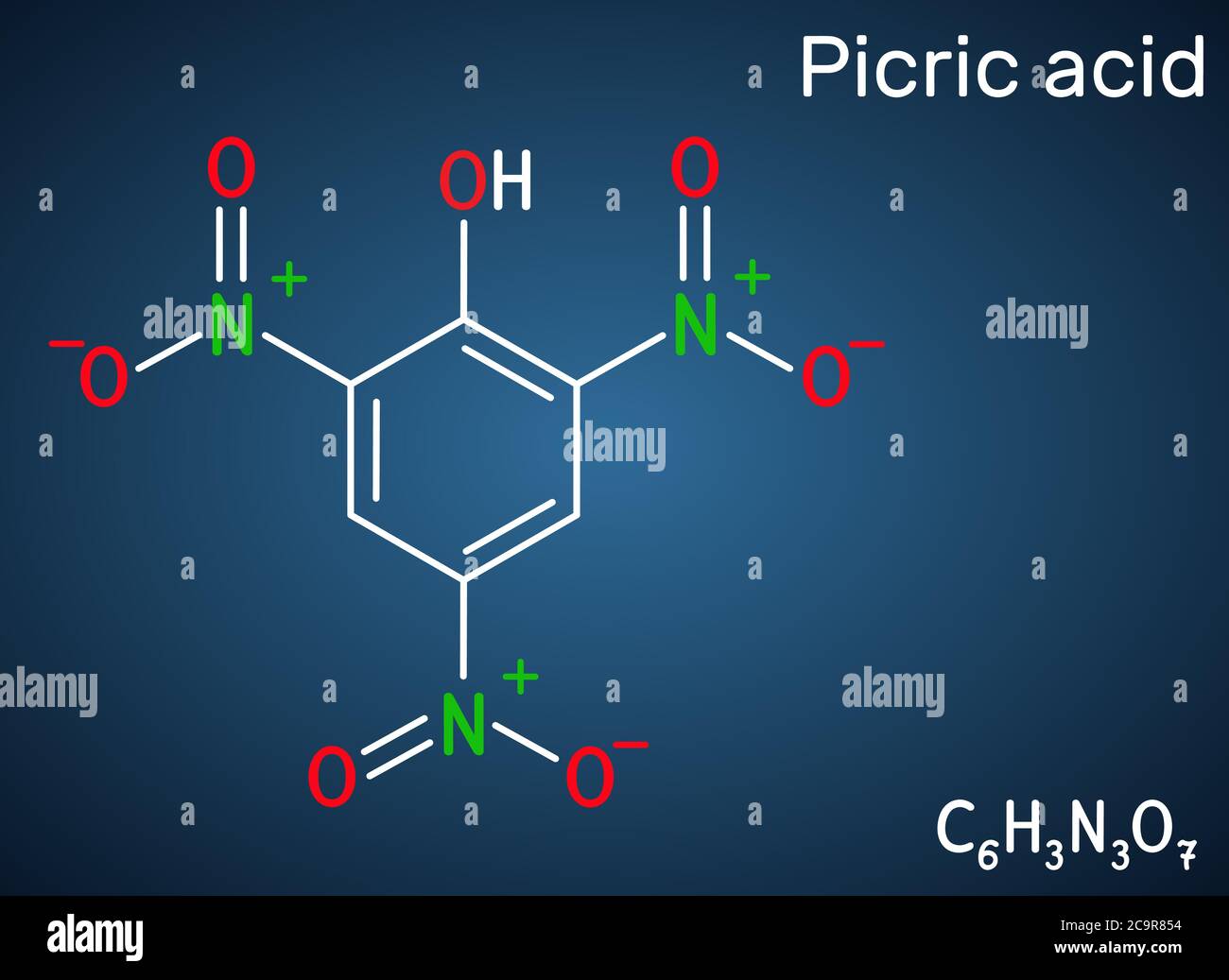 Pikrinsäure ( 2,4,6-Trinitrophenol, TNP, C6H3N3O7) Molekül. Es hat eine Rolle als explosives, antiseptisches Medikament. Strukturelle chemische Formel auf dem dar Stock Vektor