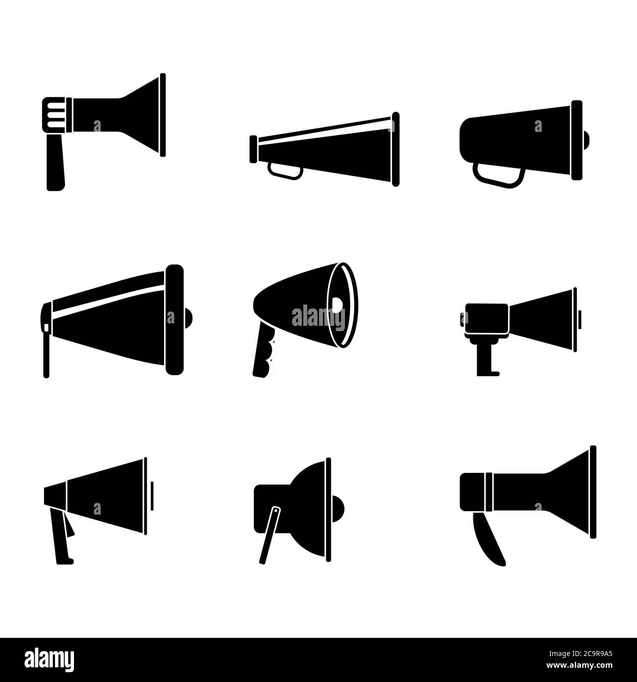 Satz Lautsprecher schwarz weiß. Sammlung Rundfunkgerät monochromen Stil, Voice-Shouting, Bullhorn-Sammlung für ankündigen und öffentliche Aufmerksamkeit Stock Vektor