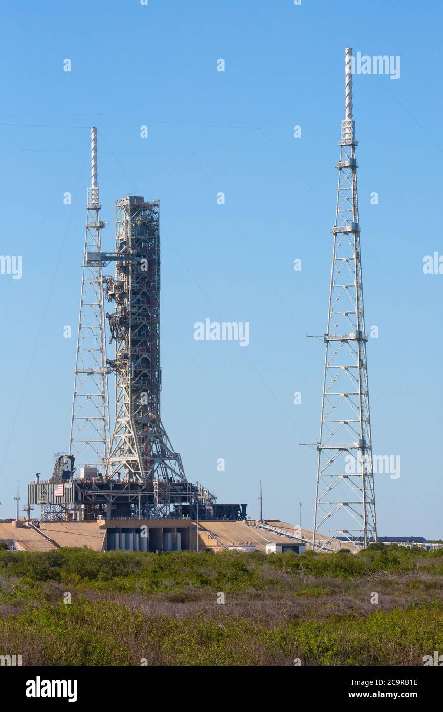 KENNEDY SPACE CENTER, FLORIDA, USA - 2. DEZEMBER 2019: NASA Launch Site LC-39B am Kennedy Space Center. Der LC-39B wird von der NASA für verschiedene Projekte eingesetzt Stockfoto