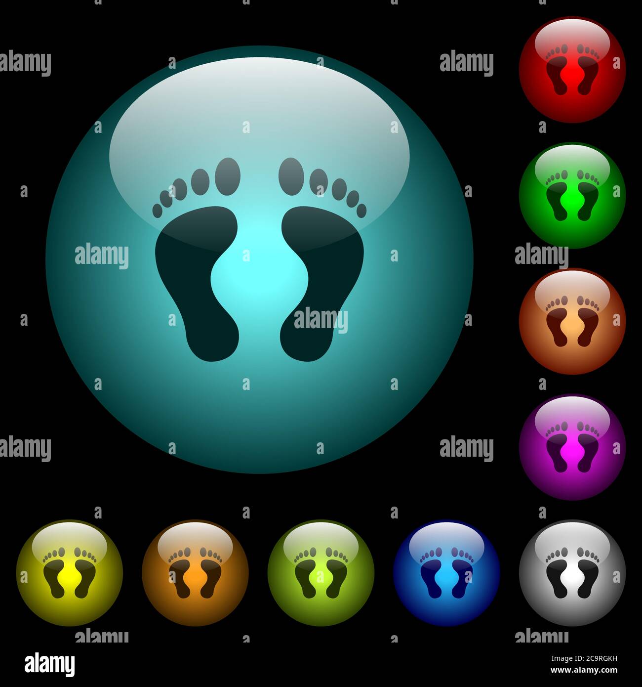 Menschliche Fußabdrücke Symbole in Farbe beleuchtet sphärischen Glas Tasten auf schwarzem Hintergrund. Kann für schwarze oder dunkle Vorlagen verwendet werden Stock Vektor