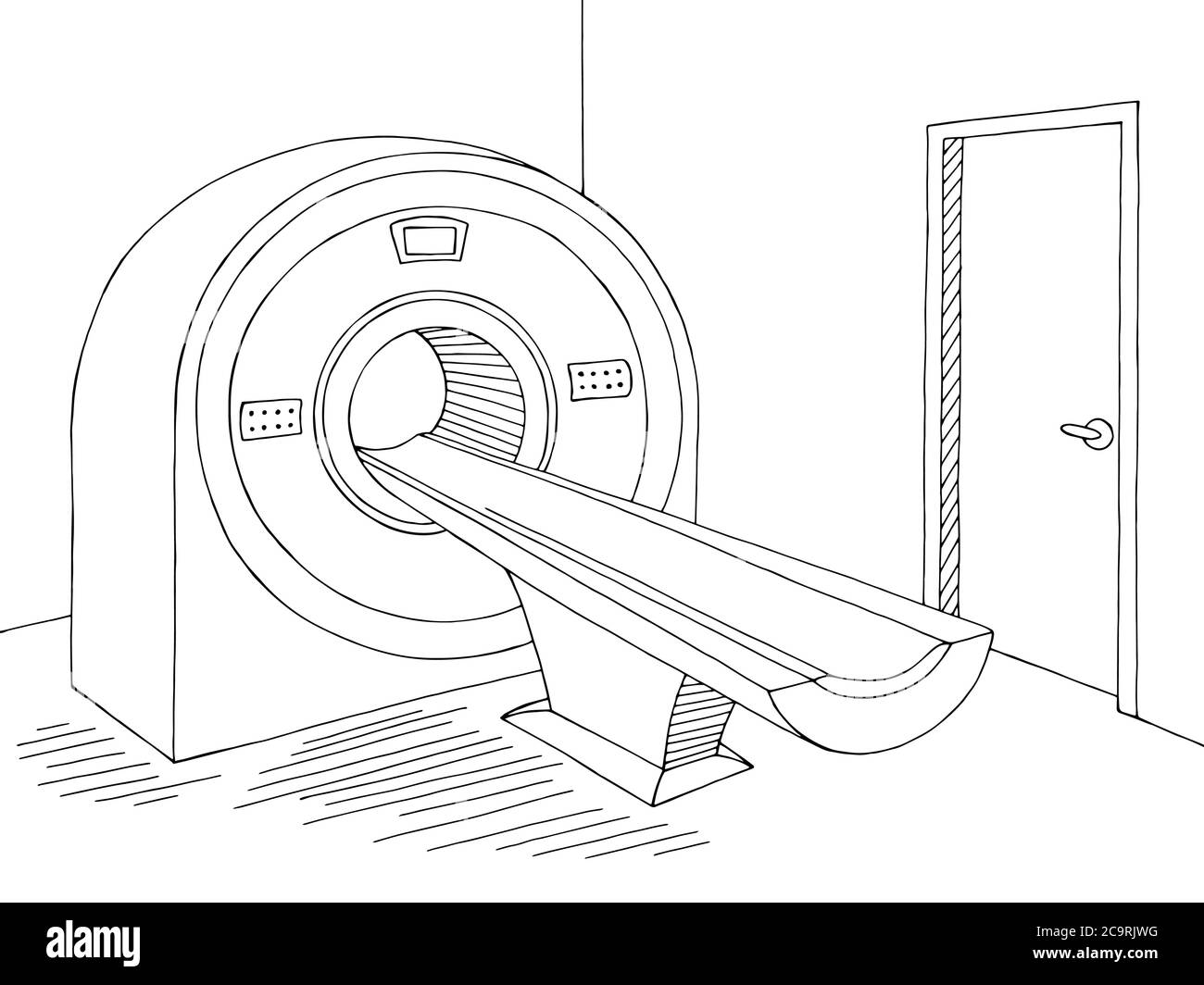 Computertomographie Scan Gerät Krankenhausraum Innengrafik schwarz weiß Skizze Illustration Vektor Stock Vektor