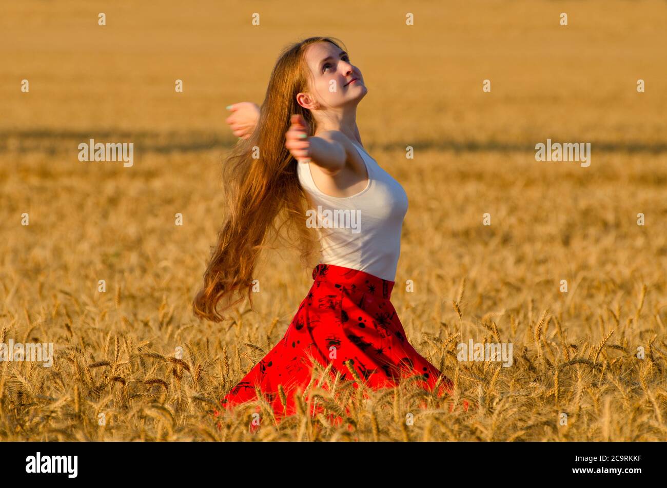 Mädchen im roten Rock wirbeln in Weizenfeld Arme ausgebreitet Stockfoto