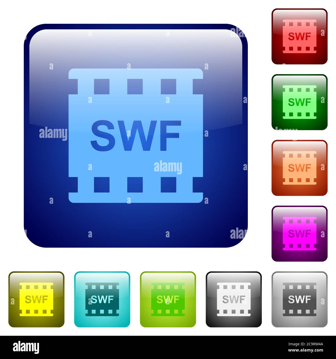 Symbole im SWF-Filmformat in abgerundeter quadratischer Farbe, glänzend Stock Vektor