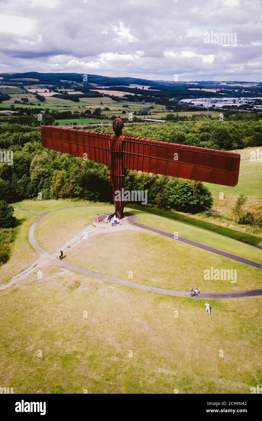 Luftaufnahme des Engels des Nordens, in Gateshead UK. Stockfoto