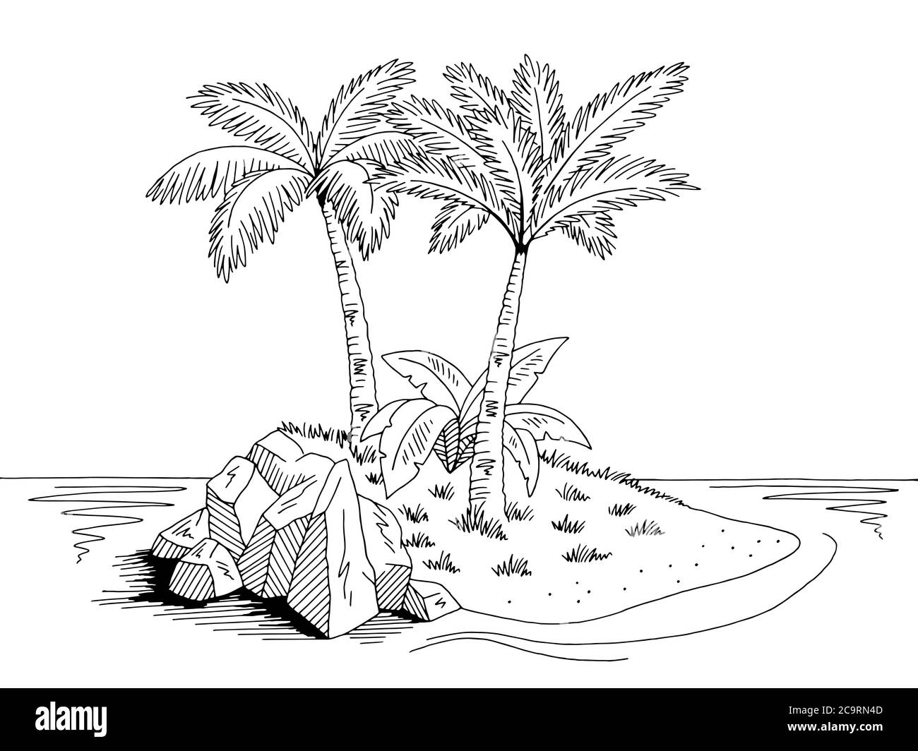 Insel Grafik schwarz weiß Landschaft Skizze Illustration Vektor Stock Vektor