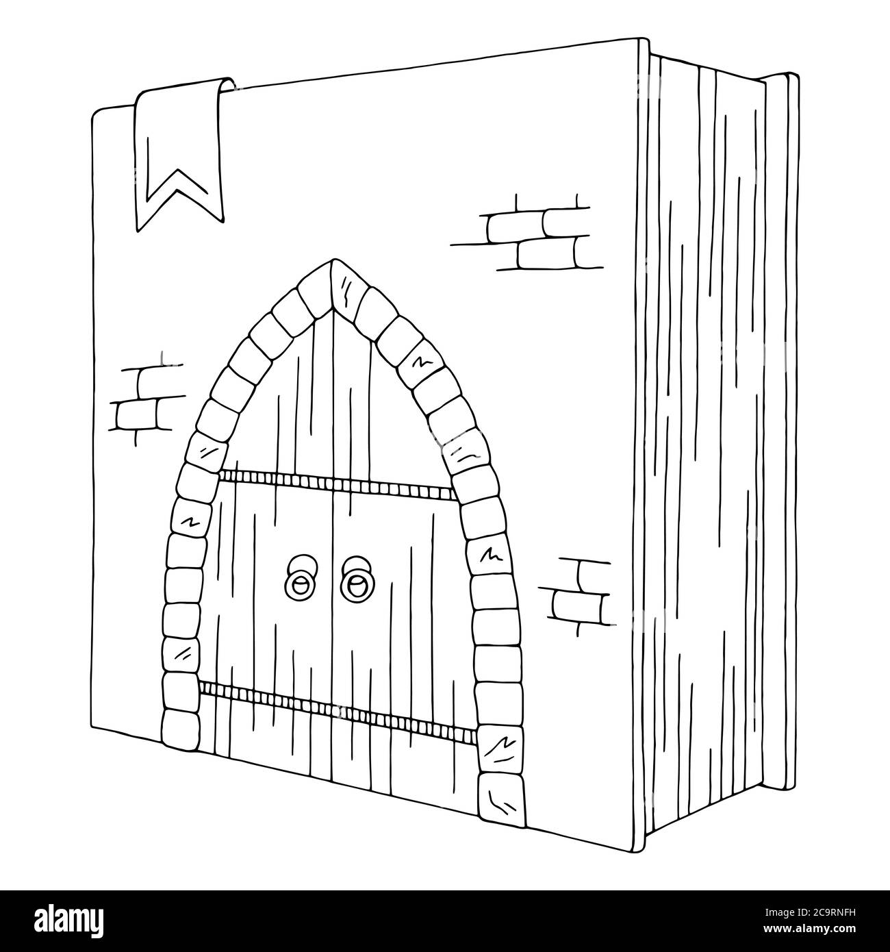 Tür in der Buchgrafik schwarz weiß isoliert Skizze Illustration Vektor Stock Vektor