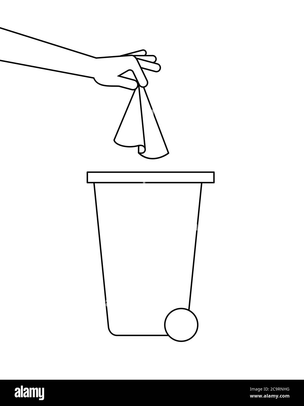 Die Hand wirft ein Papiertuch in einen Papierkorb. Entsorgen Sie gebrauchte Papiertücher. Atemhygiene. COVID-19 Prävention. Zeilensymbol. Schwarzer Umriss Stock Vektor