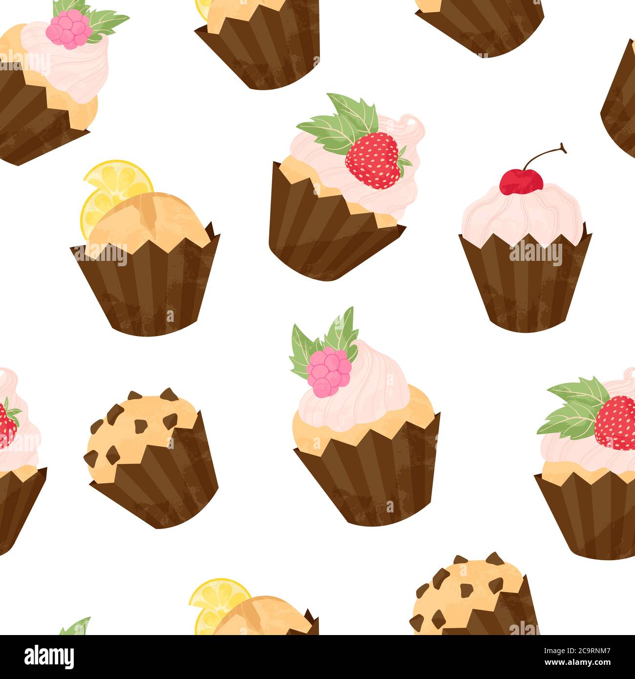 Verschiedene Cupcake und Muffin Vektor nahtlose Muster in flachen Cartoons Stil. Alles gute zum Geburtstag Cupcake mit Früchten und Beeren Hintergrund. Niedliche bunte de Stock Vektor