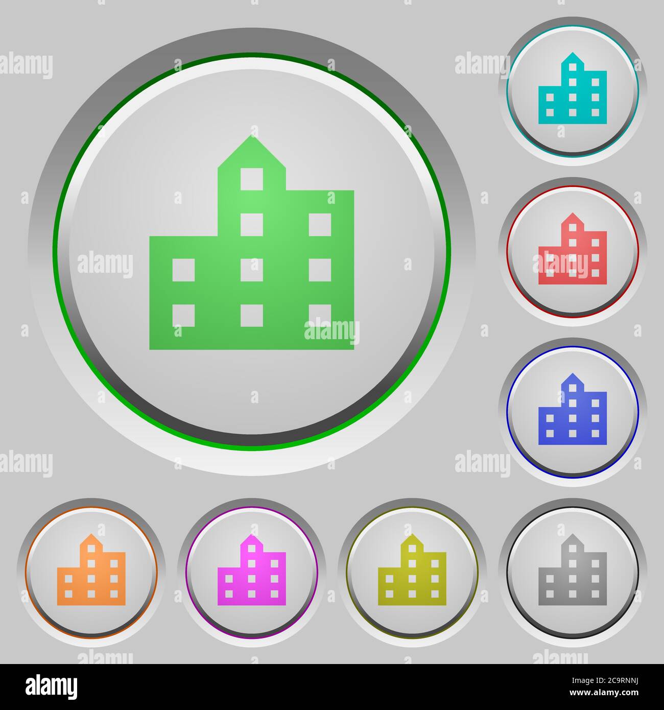 Stadt Silhouette Farbsymbole auf versenkten Druckknöpfen Stock Vektor