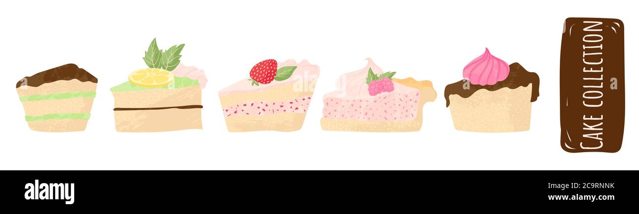 Kuchen Vektor Schokolade Süßwaren Cupcake und süße Konfektion Dessert mit Schlagsahne, Beeren und Früchte. Vektor-Illustration Set flach Cartoon Stock Vektor