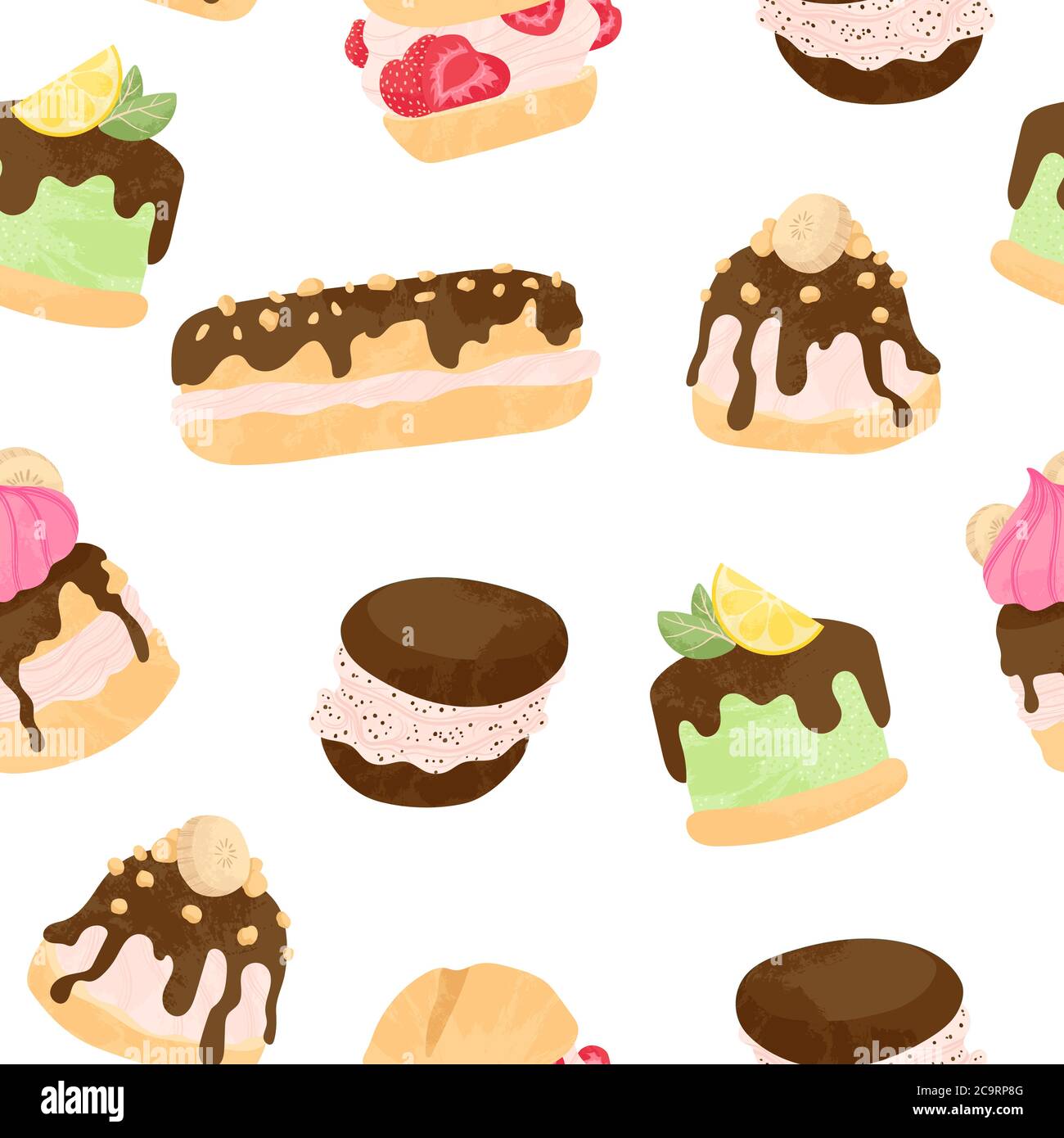 Verschiedene Kuchen, eclair und profiterole Vektor nahtlose Muster in flachen Cartoons Stil. Süßes buntes Dessert mit Schokolade, Beeren und Früchten auf Whit Stock Vektor