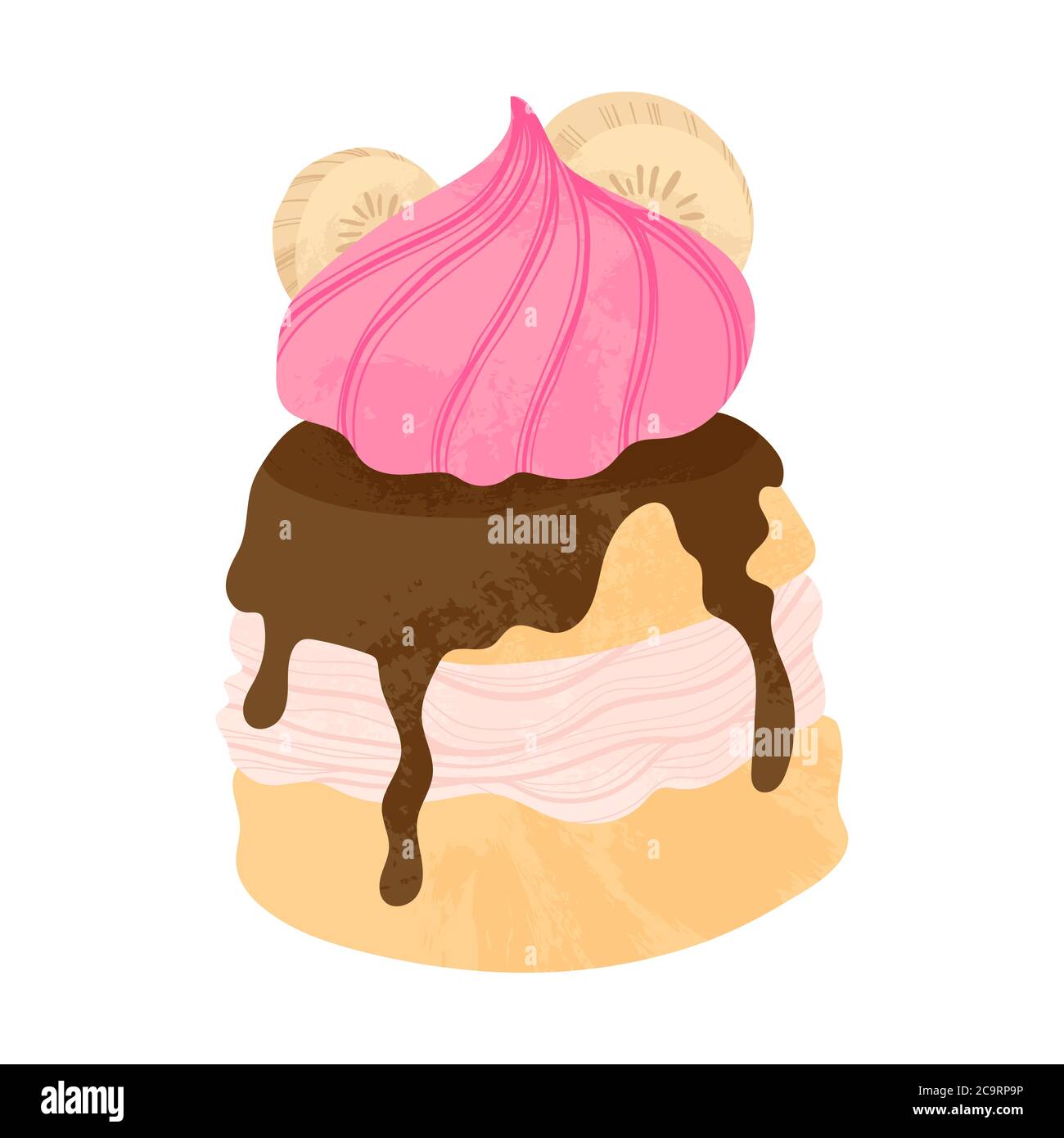 Schokoladendessert mit Schlagsahne, Baiser und Bananenfrüchten in Scheiben. Vektor flache Karikaturen Illustration. Leckerer Kuchen mit Schokolade, Baiser und Ba Stock Vektor