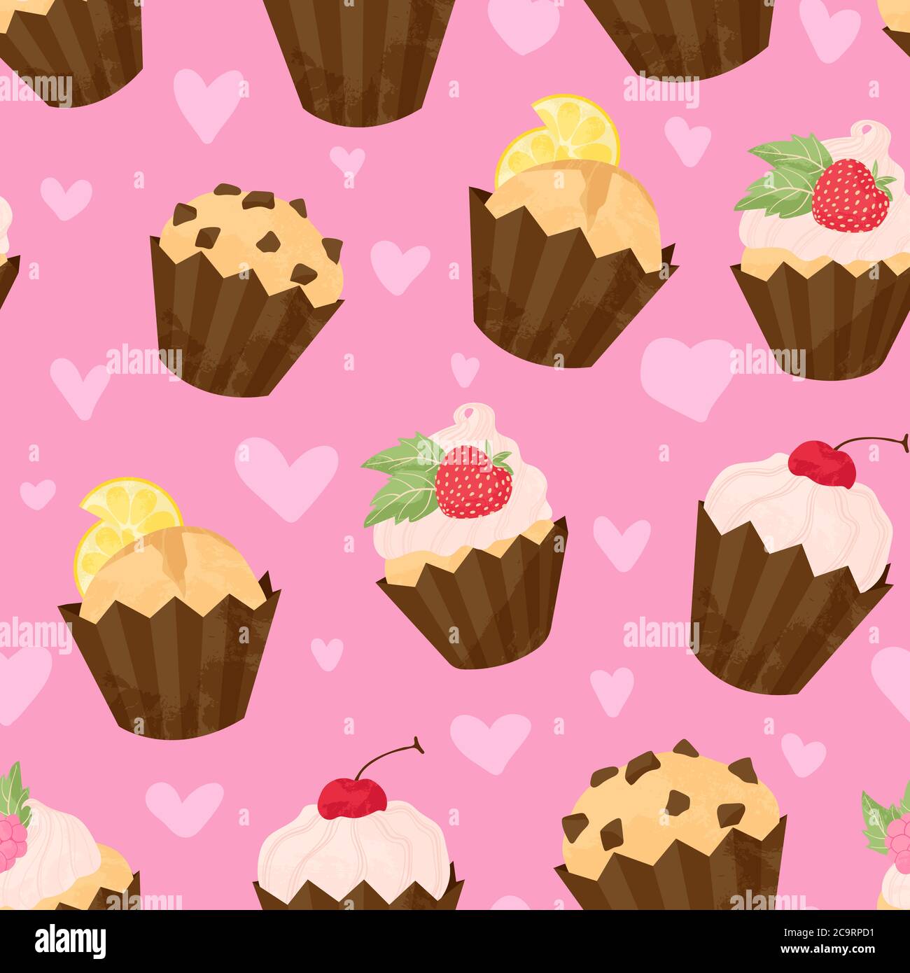 Verschiedene Cupcake und Muffin Vektor nahtlose Muster in flachen Cartoons Stil. Alles gute zum Geburtstag Cupcake Hintergrund mit Früchten und Beeren. Niedliche bunte de Stock Vektor