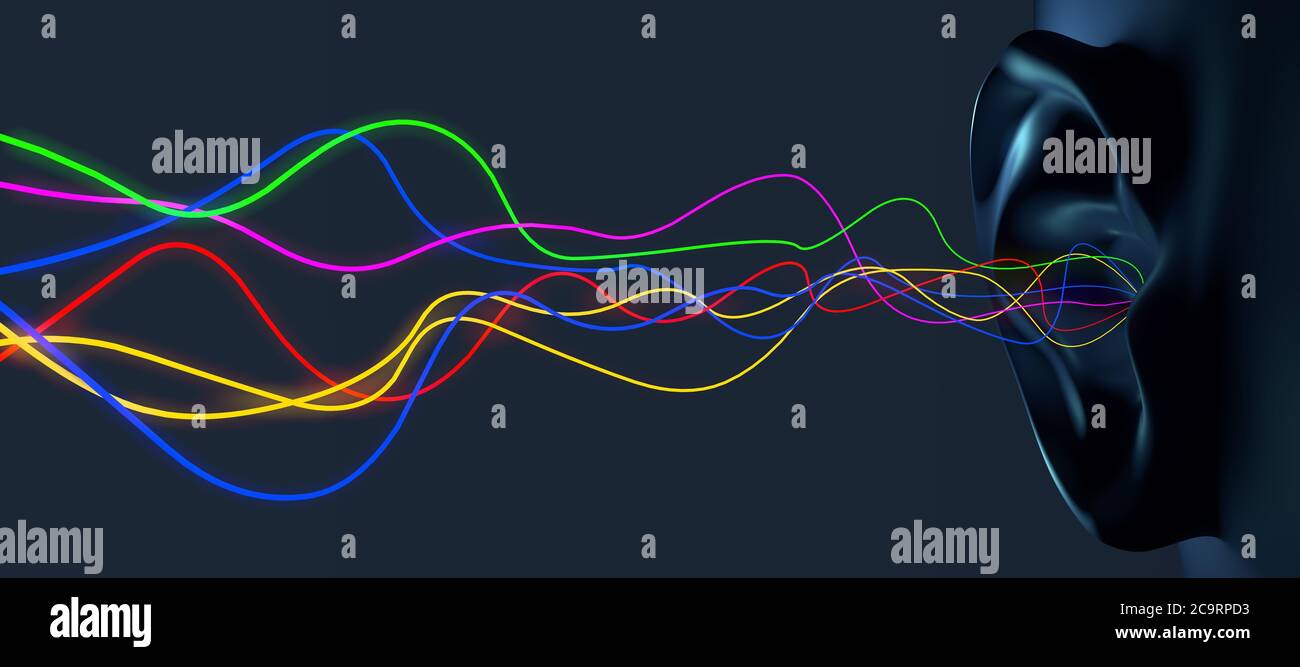 Menschliches Ohr mit eintreffenden Schwingungen in verschiedenen Frequenzen  - 3d-Illustration Stockfotografie - Alamy