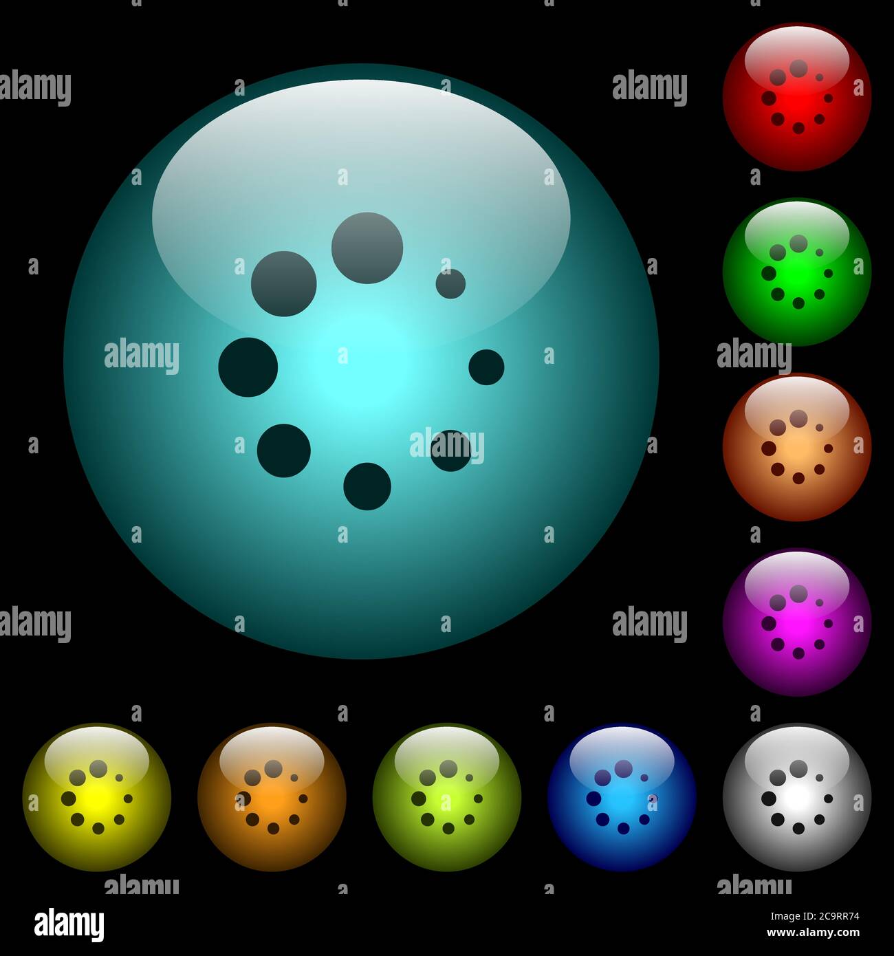 Symbole für Preloader-Symbole in Farbe beleuchtete kugelförmige Glastasten auf schwarzem Hintergrund. Kann für schwarze oder dunkle Vorlagen verwendet werden Stock Vektor