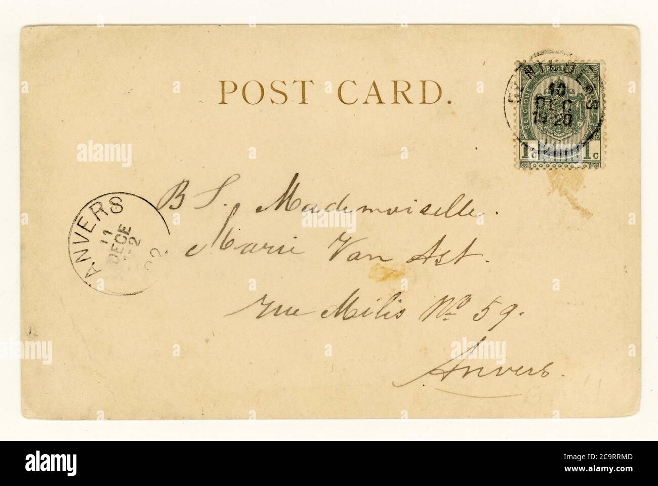 Rückseite der britischen Postkarte des frühen 20. Jahrhunderts, posted 11 December 1902 to Anvers, Belgian Green 1c stamp. Stockfoto