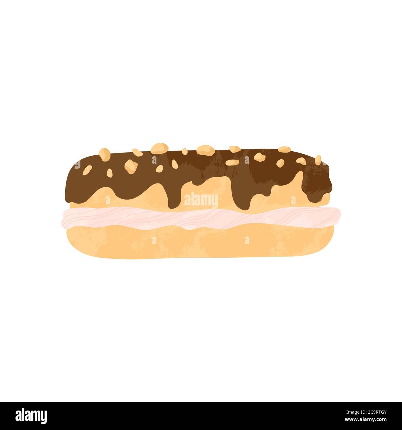 schokoladeneclair mit Schokolade und Karamell. Leckere Dessert Vektor-Illustration in flachen Cartoons Design. Isoliert auf weißem Hintergrund. Stock Art Stock Vektor