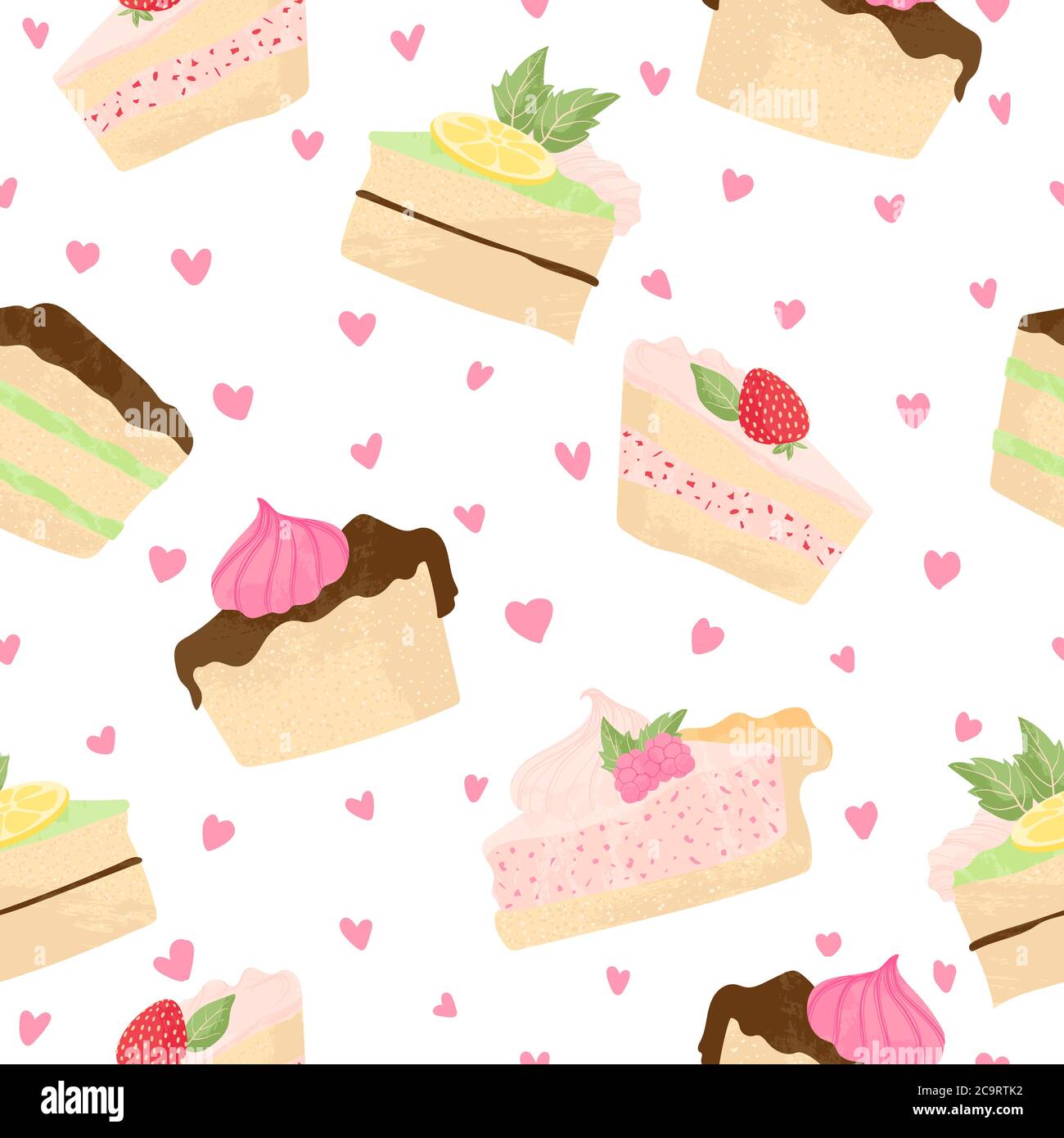 Verschiedene Stück Kuchen und Käsekuchen Vektor nahtlose Muster in flachen Cartoons Stil. Happy Birthday Kuchen Hintergrund mit Früchten und Beeren. Süßes Colo Stock Vektor