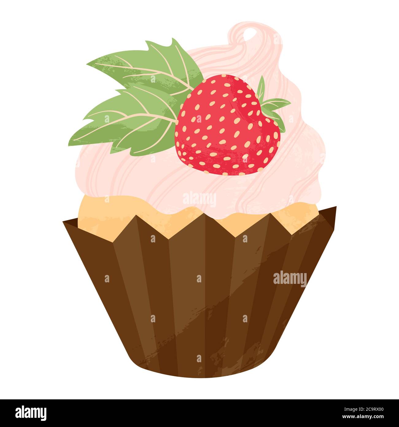 Einhandgezogener Cupcake oder Muffin mit Erdbeere und Schlagsahne. Vektor-Cartoon-Illustration in flachem Design. Element für Grußkarten, Poster Stock Vektor