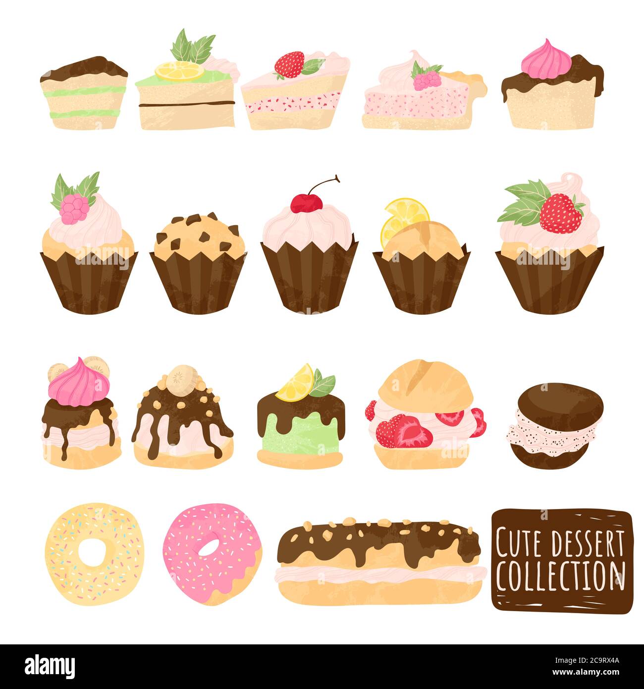 Kuchen Vektor Schokolade Süßwaren Cupcake und süße Konfektion Dessert mit Schlagsahne, Beeren und Früchte. Vektor-Illustration Set flach Cartoon Stock Vektor
