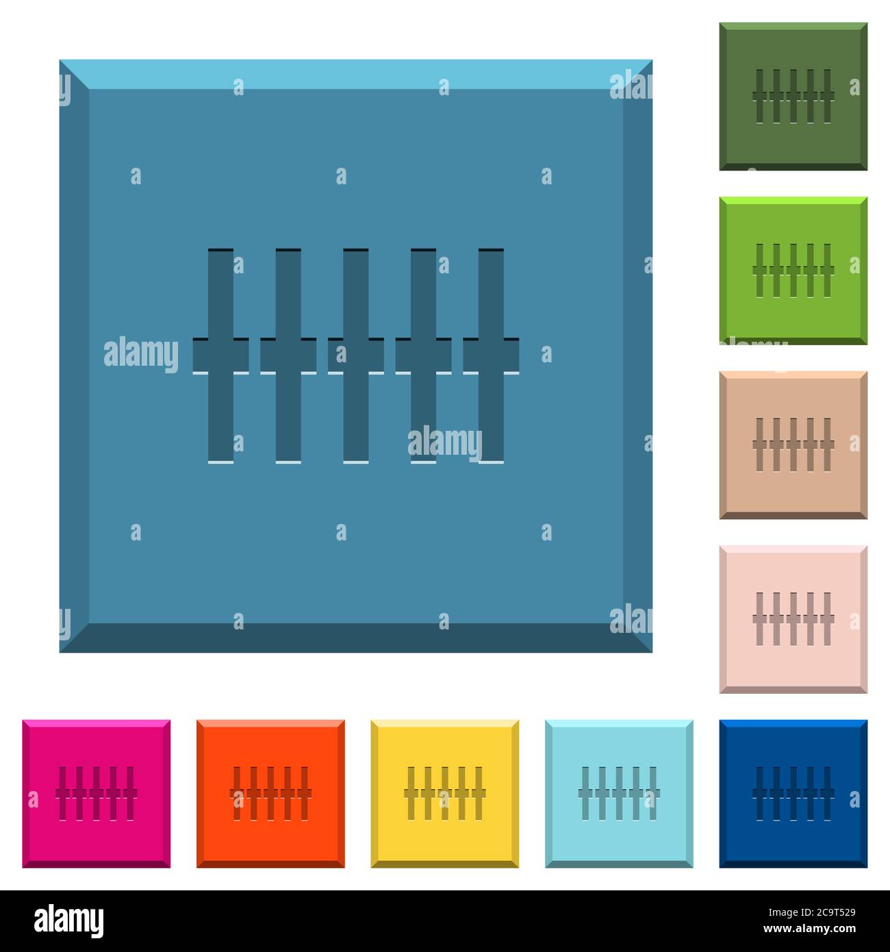 Grafischer Equalizer gravierte Symbole auf kantigen quadratischen Tasten in verschiedenen trendigen Farben Stock Vektor