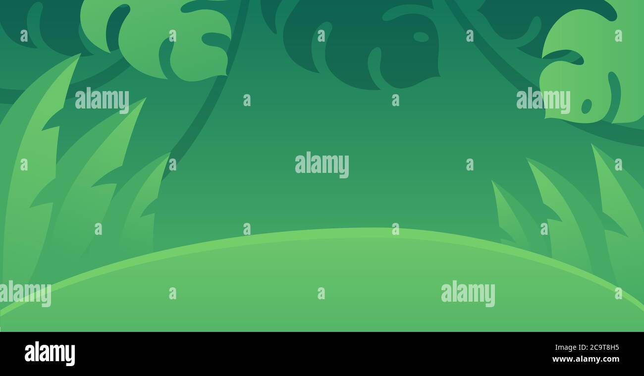 Cartoon Regenwald Hintergrund. Dschungelpflanzen und -Blätter, grüner Tropenwald. Vektor-Design für horizontale Banner. Stock Vektor