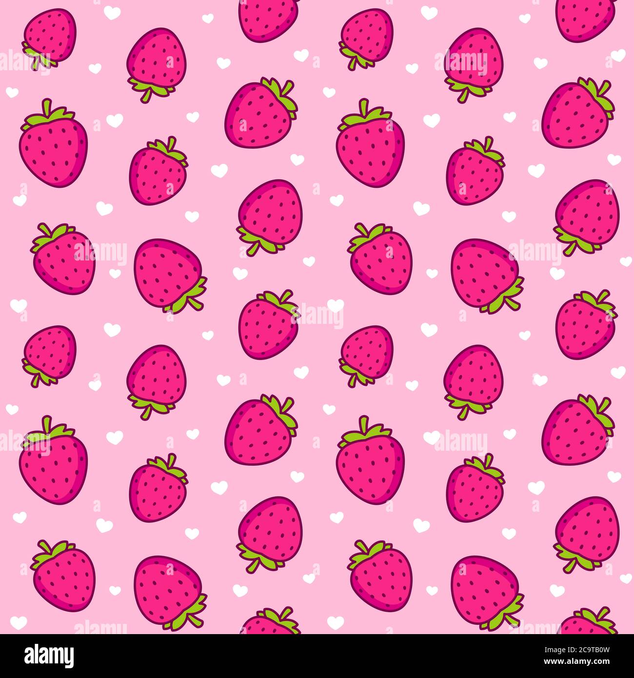 Niedliche Cartoon Erdbeere Muster. Nahtlose Textur von Erdbeeren und kleinen Herzen auf rosa Hintergrund. Vektorgrafik Clip Art Illustration. Stock Vektor