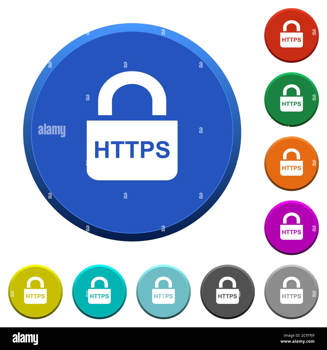 Sichere, runde, abgeschrägte Tasten mit HTTPS-Protokoll, glatte Oberflächen und flache weiße Symbole Stock Vektor