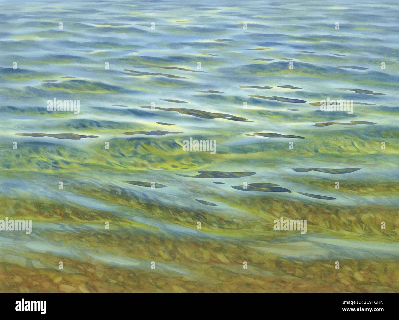 Sonnige Wasser mit transparenten Wellen Aquarell Hintergrund Stockfoto