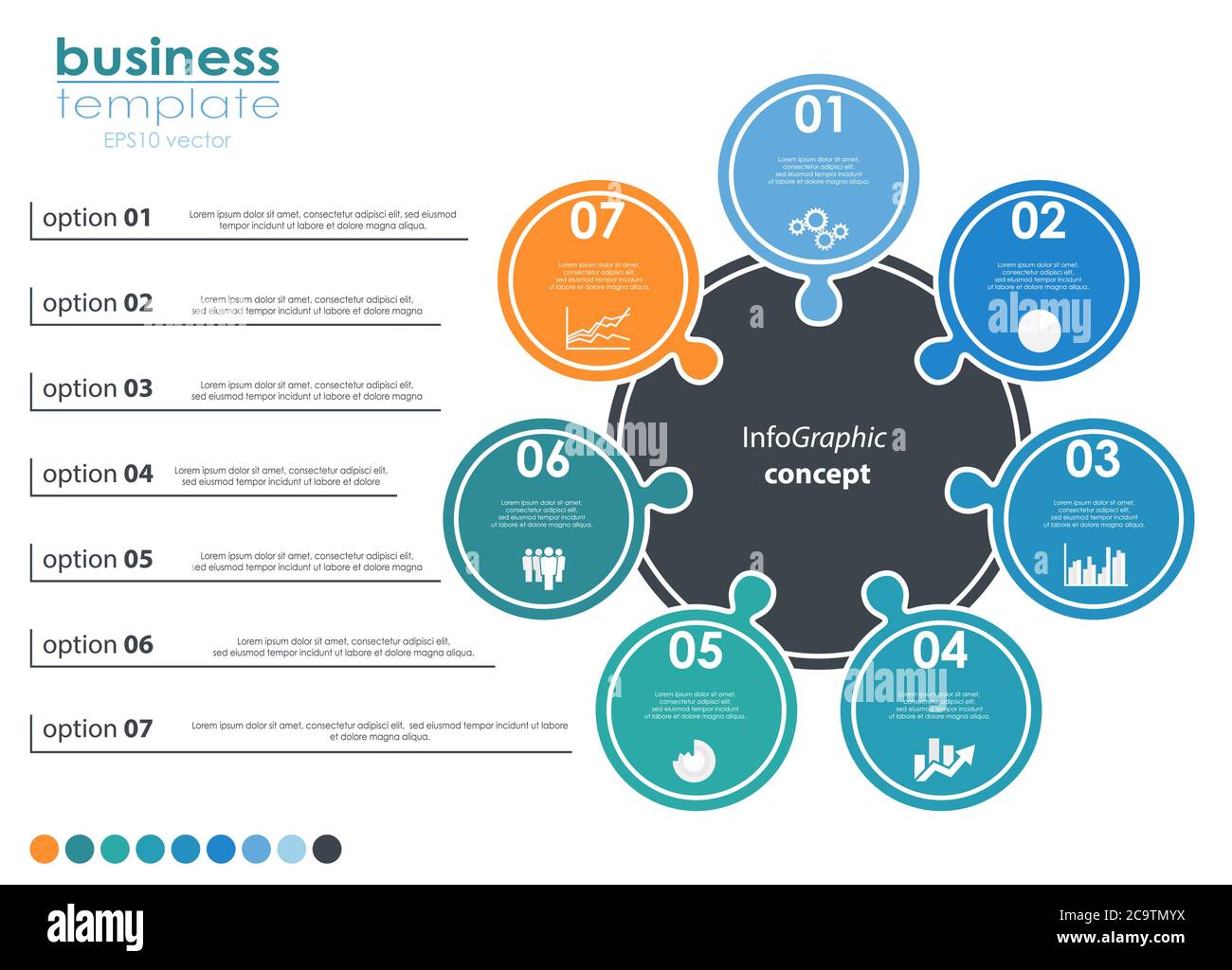 EPS 10 Vektordatei für Business-Info-Grafikvorlagen, Teamwork-Konzepte und Dateninformationen mit sieben Optionen Stock Vektor