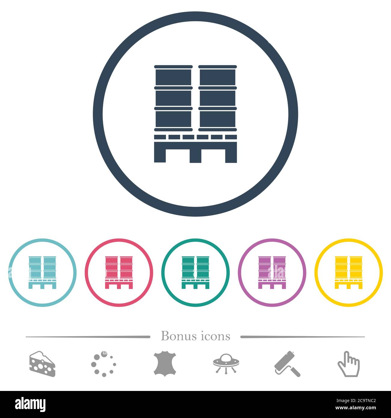 Palette mit Fässern flache Farbsymbole in runden Umrissen. 6 Bonus-Symbole enthalten. Stock Vektor