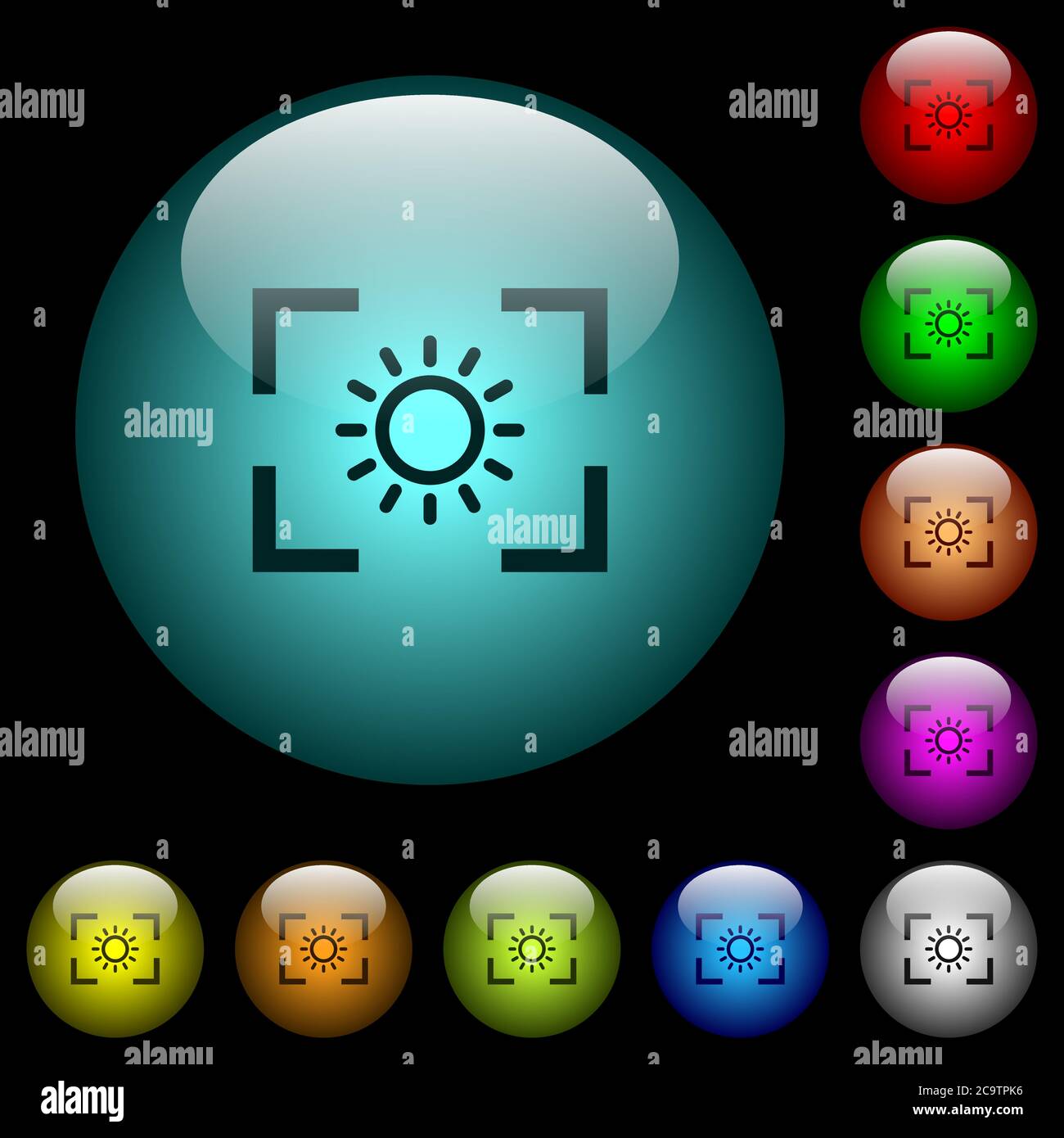 Symbole für die Einstellung der Kamerabelligkeit in farbig beleuchteten sphärischen Glastasten auf schwarzem Hintergrund. Kann für schwarze oder dunkle Vorlagen verwendet werden Stock Vektor