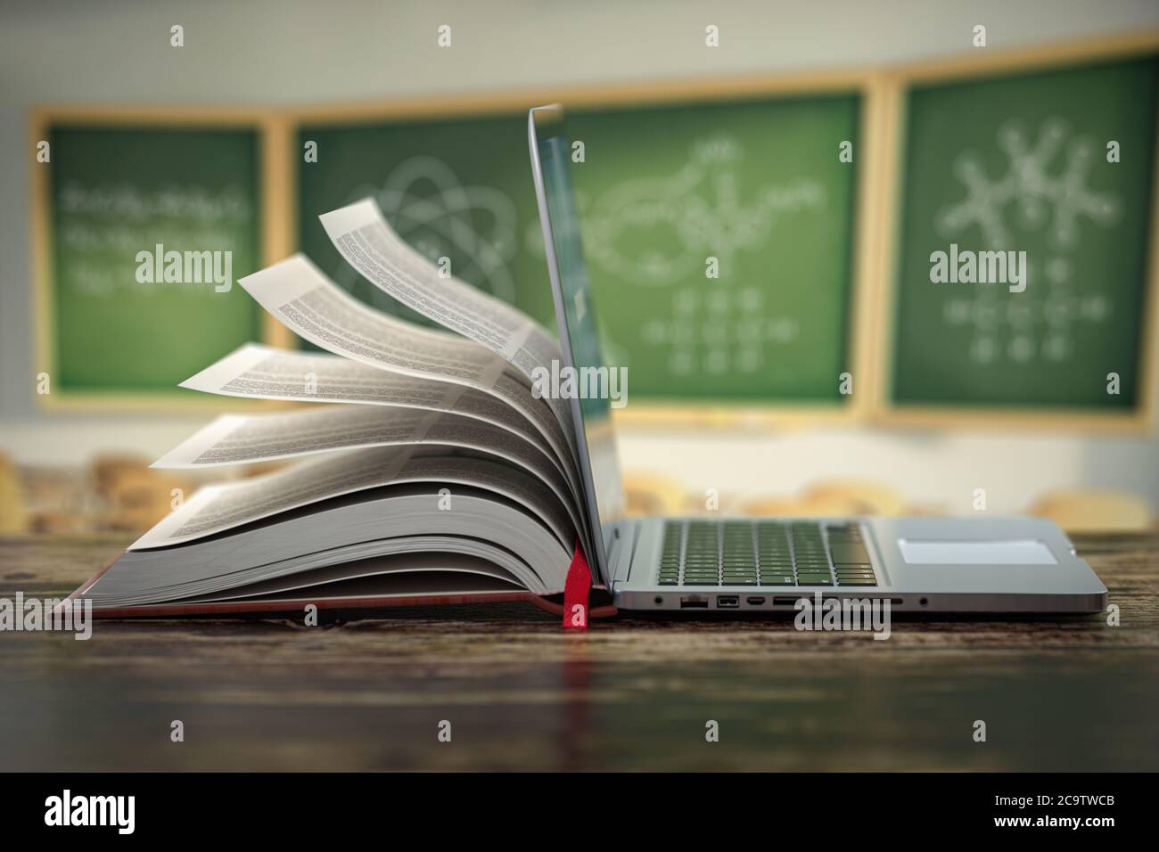 E-Learning Online-Bildung oder Internet-Enzyklopädie Konzept. Öffnen Sie Laptop und Buch zusammenstellung in einem Klassenzimmer. 3d-Illustration Stockfoto