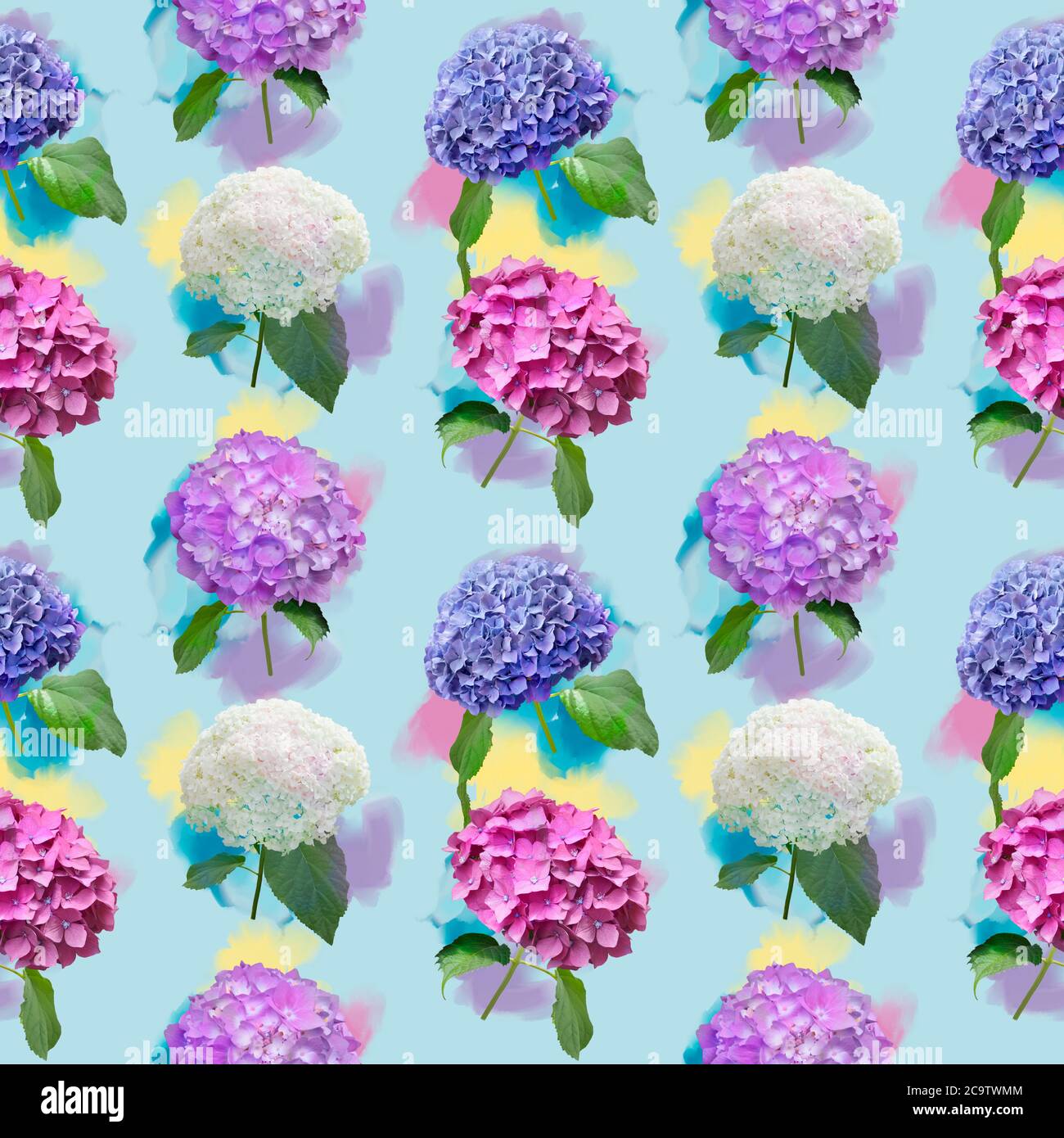 Nahtloses florales Design mit Hortensien Blumen für Hintergrund, endlose Muster. Stockfoto