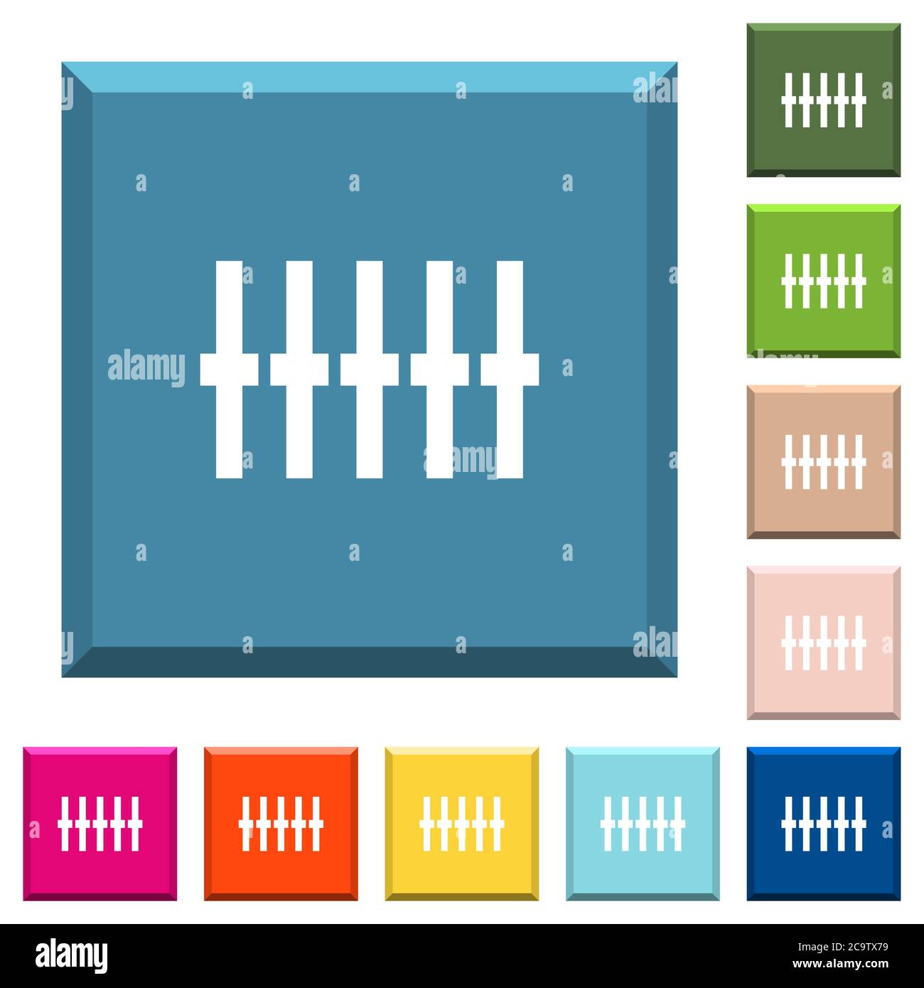 Grafische Equalizer weiße Symbole auf kantigen quadratischen Tasten in verschiedenen trendigen Farben Stock Vektor