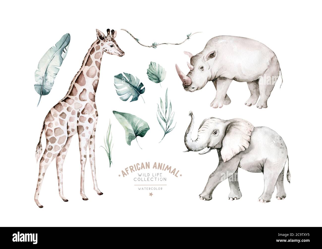Aquarell Frikane Elefant Tier, Giraffe und Nashorn isoliert auf weißem Hintergrund. Savannah Rhipo Wildlife Cartoon Zoo Safari Poster. Dschungel Stockfoto