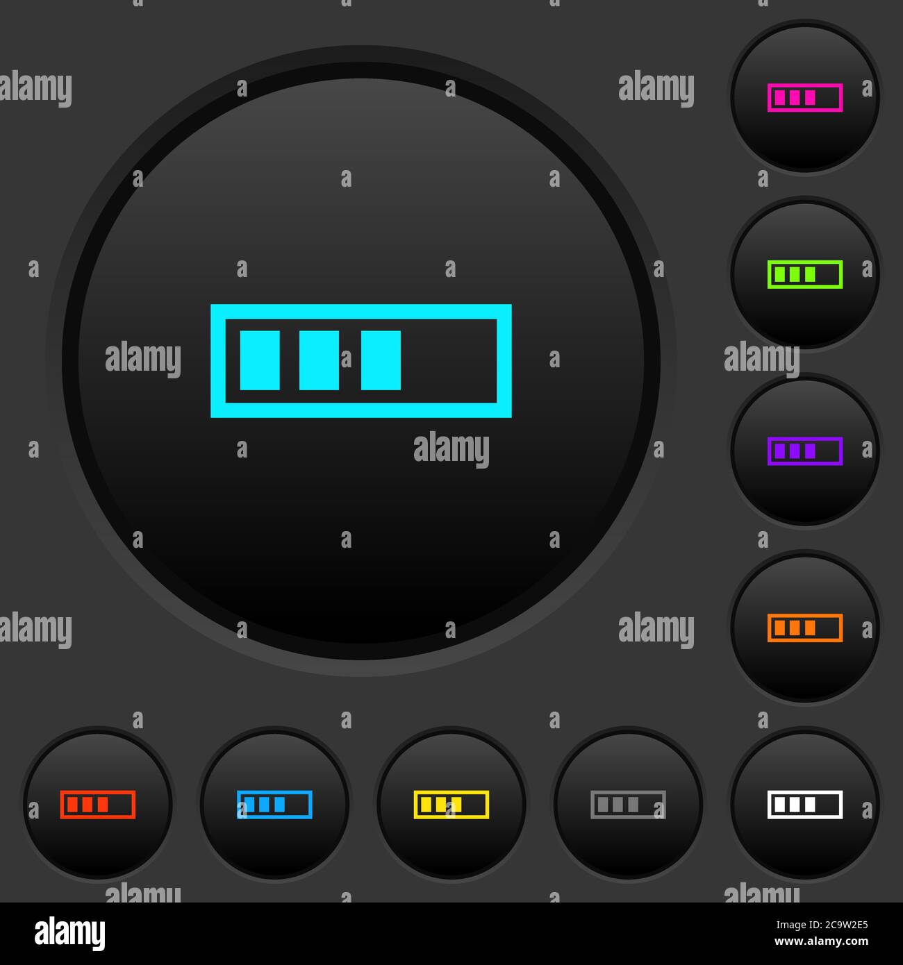 Dunkle Drucktasten mit leuchtenden Farbsymbolen auf dunkelgrauem Hintergrund Stock Vektor