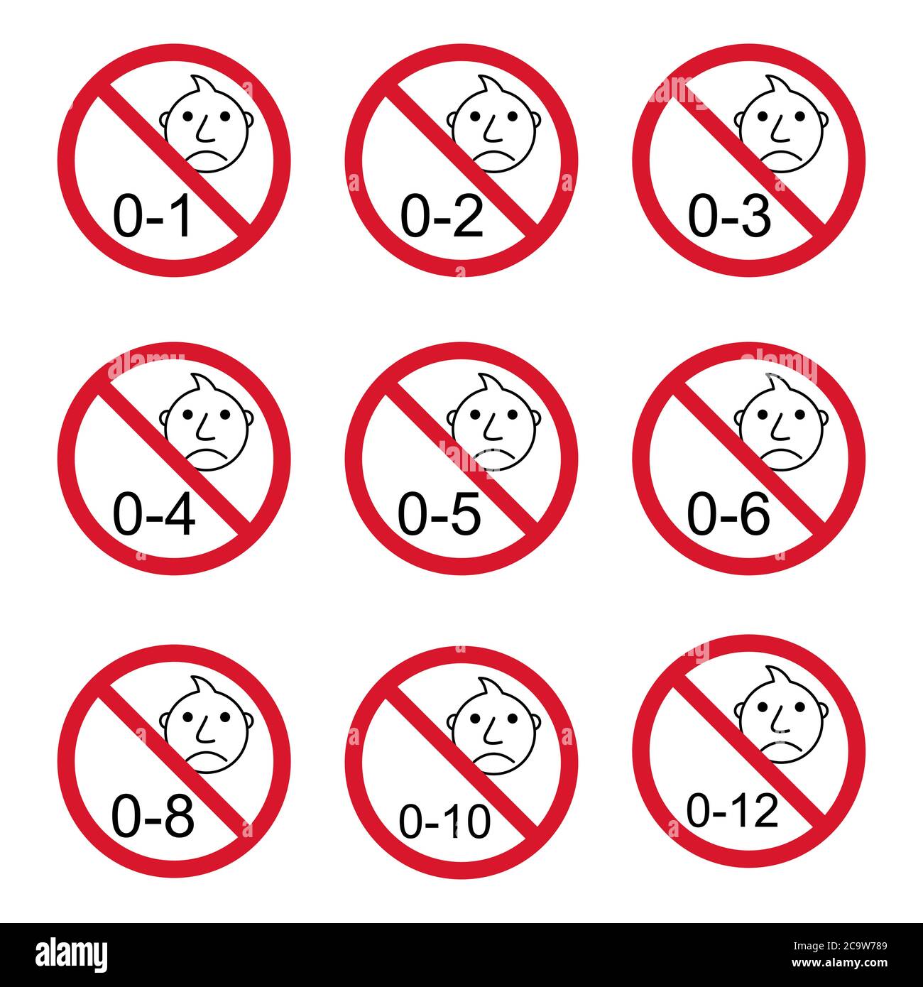 Verbot kein Baby für Set 0-1 etc Zeichen. Nicht für Kinder unter 1,2 Jahren geeignet. Stock Vektor