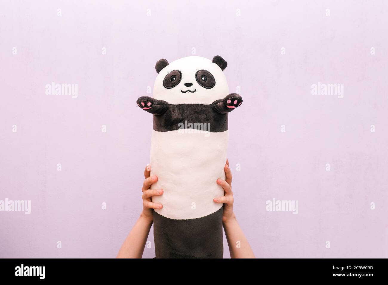 Hand hält eine Panda Puppe. Ein Panda Spielzeug auf einem farbigen Hintergrund. Ein Kissen zum Schlafen. Stockfoto