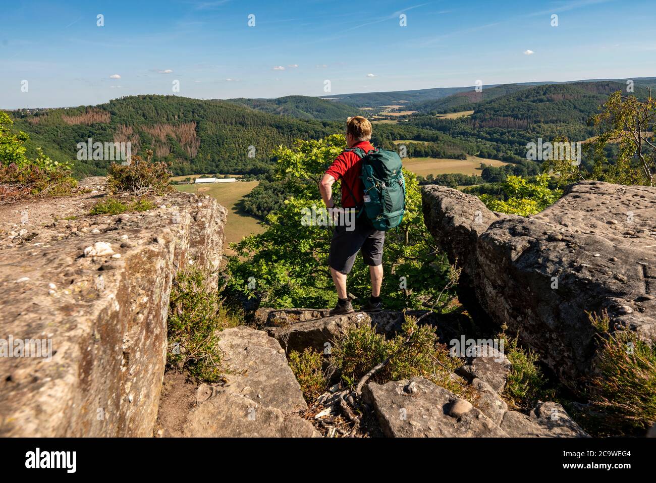 Eugenienstein, Blick auf das Rurtal, Landschaft entlang der roten Sandsteinroute, in der Region Rur-Eifel, bei Nideggen, Kreis Düren, NRW, Deutschland Stockfoto