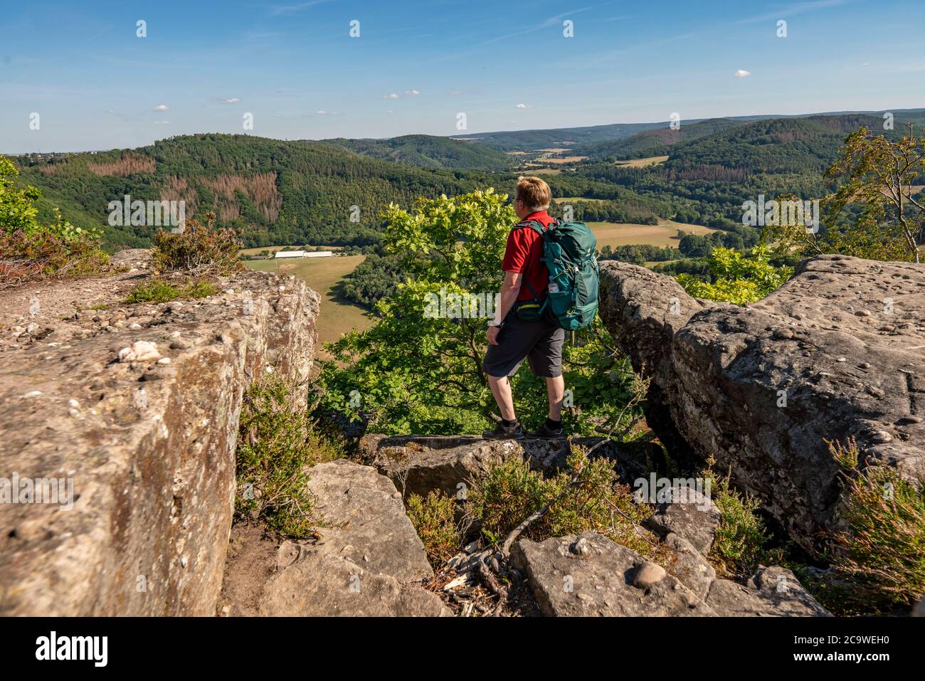 Eugenienstein, Blick auf das Rurtal, Landschaft entlang der roten Sandsteinroute, in der Region Rur-Eifel, bei Nideggen, Kreis Düren, NRW, Deutschland Stockfoto