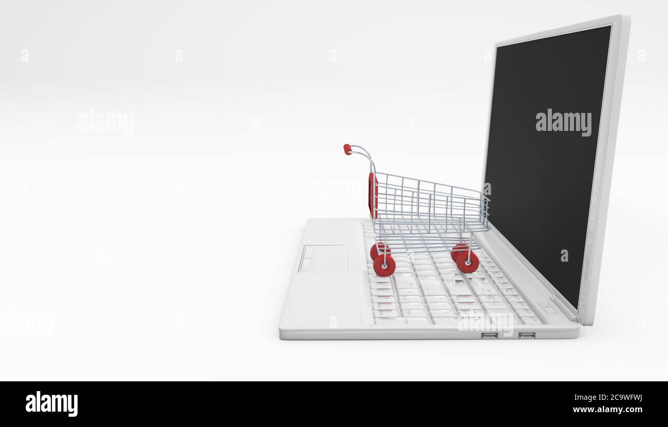 Online-Shopping-Konzept. Einkaufwagen und Laptop isoliert auf weiß. 3d-Rendering Stockfoto